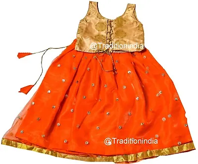 $45.42 • Buy Designer Orange Pavadai Set, Indian Kids Dress, Readymade Choli, Girls Outfits
