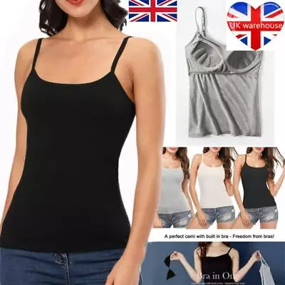UK Womens Camisole With Built In Shelf Bra Spaghetti Strap Vest Padded Tank Tops • £8.12