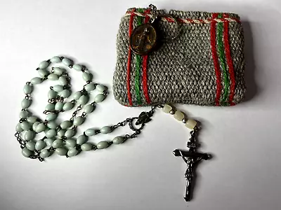 Vintage Rosary In Woven Zip Top Coin Purse Pouch W/Miraculous Medals • $5