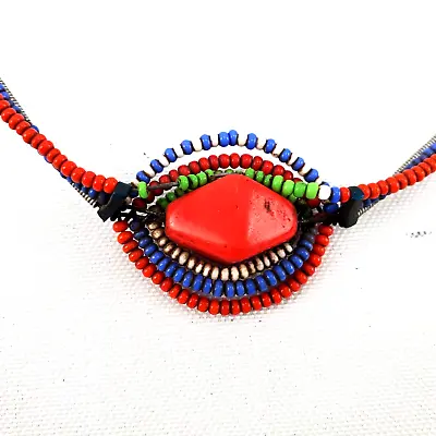 $48.99 • Buy African Maasai Kenya BEADED Tribal Jewelry 3 Strand Wire CENTER STONE NECKLACE