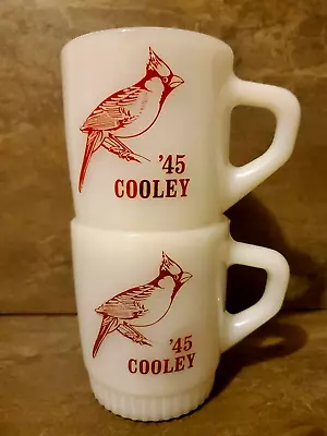 Pair Of VTG FIRE KING Anchor Hocking Milk Glass 1945 Coffee Mugs Cardinal Bird • $4.99