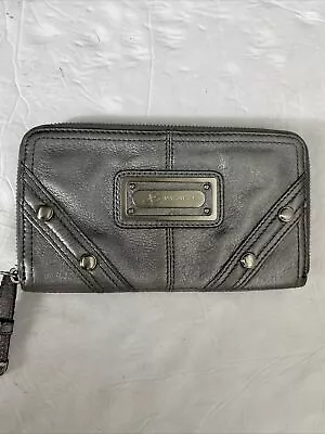 B Makowsky Leather Zip Around Wallet  Silver W Leopard Interior 8in X 4.5in • $29.99