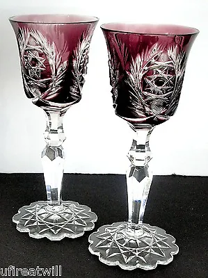$295 • Buy 2 Vintage Val St Lambert Amethyst Cased To Clear Crystal Wine Cordial Liquers