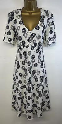 David Nieper Dress Beige Blue Floral Print V Neck Knee Length Cap Sleeve UK 12 • £24.99