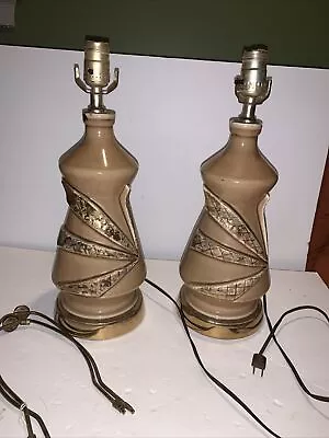 Pair 1950s Brown Atomic Starburst Gold Trim Pottery Lamps • $79