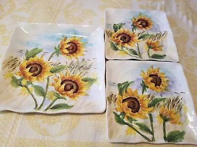 Maxcera Square Flowering Sunflower Salad Plates 8 3/8  Set Of 2 & 1 Dinner Pate  • $19