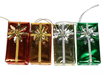 4 Vintage Mini Christmas Foil Wrapped Packages Gifts Ornaments W/ Snowflake Bows • $11.49