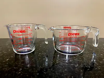 Pyrex Set Of 2 Clear Glass Red Lettering Measuring Cups 4-Cup & 2-Cup BRAND NEW • $29.95