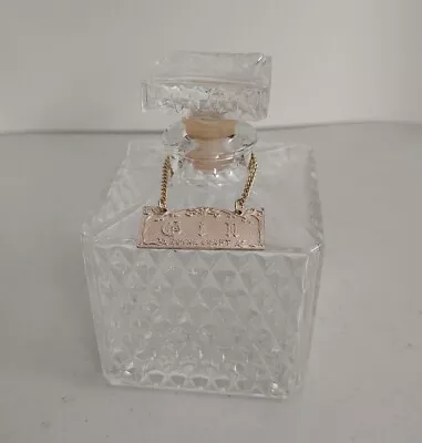 Vintage Diamond Cut Glass Decanter With Reversible Metal Gin Scotch Hang Tag • $25