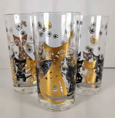 Vintage Atomic Cats Kittens MCM Drinking Glasses Set Of 3 READ AS IS Gold Black • $54.99