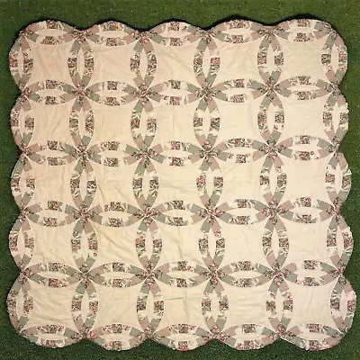 Vtg Antique Double Wedding Ring Quilt Hand Made 81 X 83  Flower Check 22  Circle • $166.20