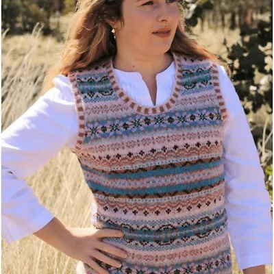 ERIBE Sweater Vest Tank Top 100% Shetland Wool SIZE SMALL Pink Multi Fair Isle  • £84.99