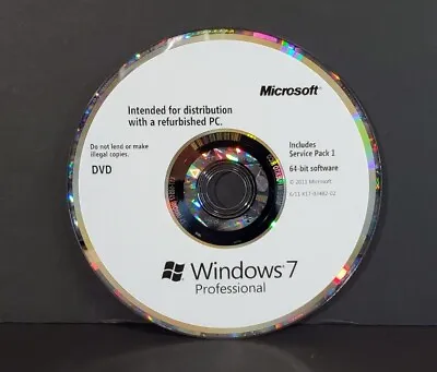 $34.95 • Buy Microsoft Windows 7 Professional W/SP1 64 Bit DVD 2011 Refurbished PC *NO KEY*