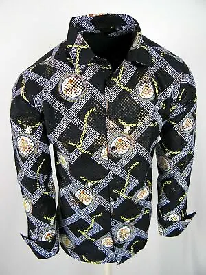 Black Vintage Chain Shirt Mens Slim Fit Designer Fashion Button Up Gold Foil • $14.99