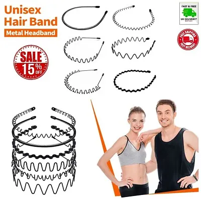 Black Metal Sports Unisex Hairband Headband Wave Alice Style Hair Band Women Men • £2.97