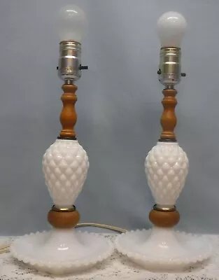 Vintage Pair 13  Milk Glass Quilt Pattern Boudoir Night Table Electric Lamps • $39.99