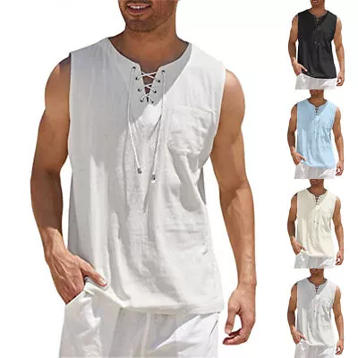 Men Medieval Casual Sleeveless T Shirt V Neck Lace Up Muscle Vest Tops Costume • £9.71
