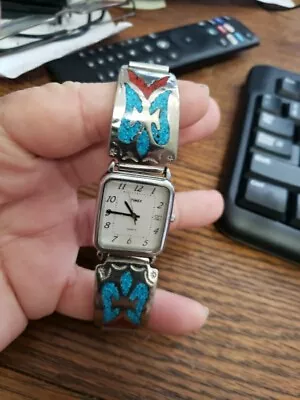 Vinage Native American Silver Inlay Turquoise Coral  Watch Band Tips • $100