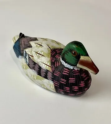 Hand Carved Painted Mallard Duck Small Wooden Figurine Decor 4.5  Long • $7.99