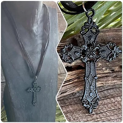 Large Ornate Black Cross Necklace Rockabilly Gothic Punk Emo Pendant Crucifix • $12.95