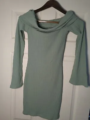 Off Shoulder H&M Ribbed Light Green Casual Work Jumper Dress Size XS BNWT • £17.89
