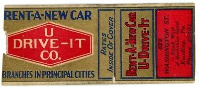 Rent-A-New Car At U Drive-It Co. Reading Pennsylvania Vintage Matchbook Cover • $8.99