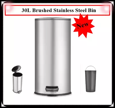 30L Rubbish Bin Brushed Stainless Steel Bin Kitchen Bathroom Office Garbage Bin • $35