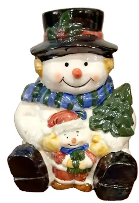 Snowman Cookie Jar Holding Doll And Christmas Tree Pearlized Paint • $30