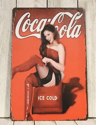 Coca Cola Tin Metal Sign Coke Sexy Pinup Girl Poster  Rustic Vintage Style • $10.97