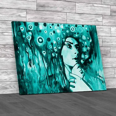 Beautiful Woman Portrait Watercolor Art Teal Canvas Print Large Picture Wall Art • £14.95