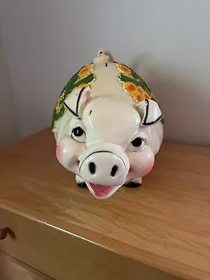 Vintage Piggy Bank Universal Statuary Large Floral Flowers Yellow 19   • $69.99