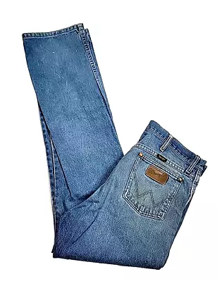 Vintage Wrangler 13MWZ Cowboy Cut Whiskered Western Blue Denim Jeans Men's 34x34 • $24