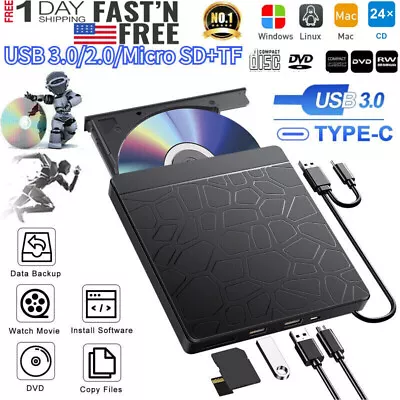 Laptop Desktop PC Windows 10/11 Linux Mac External CD DVD RW Drive Burner Player • $18.99