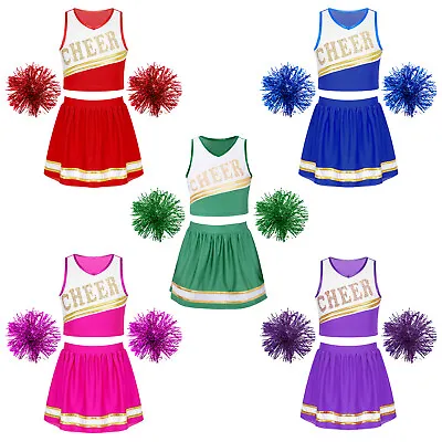 Kids Girls Halloween Cheerleading Crop Top And Skirt Pompoms Set Fancy Dress Up • £7.19
