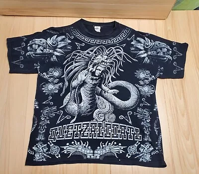 Yazbek Quetzalcoatl L/XL T Shirt Aztec Mexico All Over Print Feathered Snake God • $25.95