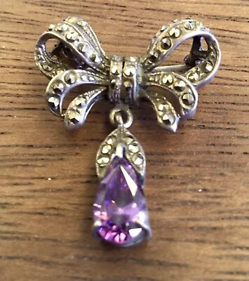 Vintage Silver Marcasite Brooch With Amethyst Dangle  • $75