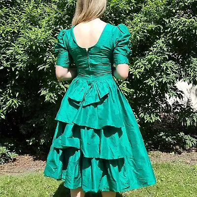 Vintage 1980s Green SILK Cinderella Evening Ballgown Bridesmaid Dress Fits 10 • £69.99