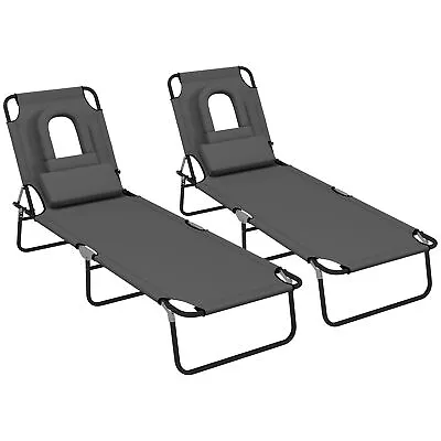 Outsunny Folding Sun Lounger Set Of 2 Reclining Chair With Reading Hole Grey • £58.99