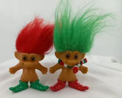 Set Of 2 Russ 3  Holiday  Merry Little Elf  Troll Dolls - Red & Green Hair • $18