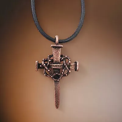 Nail Crown Of Thorns Cross Antique Copper Finish (Lgaa4c)  Black Cord Necklace • $16.99