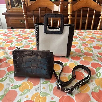 STAUD Mini Shirley Brown Leather / Canvas Croc Embossed Bag • $165