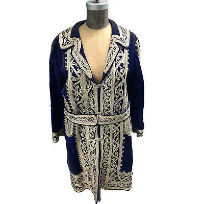 Beautiful Vintage 70s Boho Hippy Blue Velvet W/ Silver Wire Afghanistan Coat • $308.36