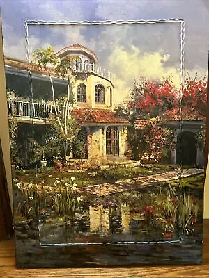 Hand Painted Mixed Media Hacienda Garden Pool Painting On Canvas • $39.99