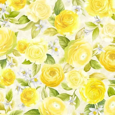 Lemon Bouquet Rose Summer Flowers Timeless Treasures Large Bouquet By The Yard  • $12.99