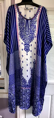 Sale Nwot Ey Signature By Sante Mumu 2x 3x Kaftan Caftan Dress Blue White Satin • $14.99