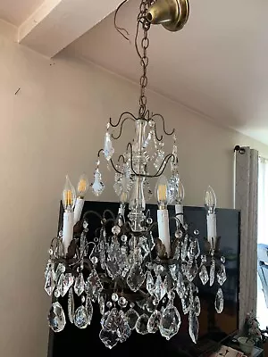 Antique Vintage French Crystal Decked 6-Light Chandelier Pendalogs And Prisms • $905