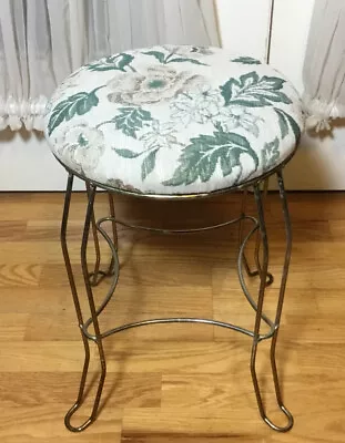 Vintage Mid Century Gold Tone Metal Scroll Vanity Stool Floral Fabric Seat • $49.99