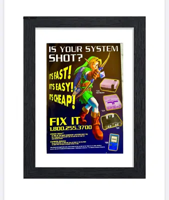 Framed Vintage Nintendo Print Ad Poster 11x14 Zelda Repair N64 Snes NES • £57.84