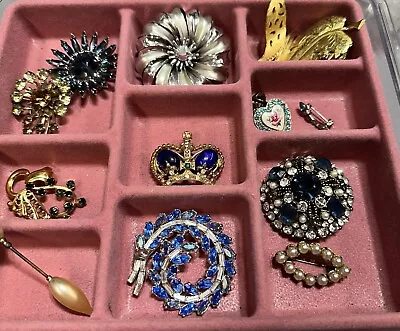 Vintage Brooch Lot Rhinestone 13 Pieces Crown Enamel Heart Flower • $105