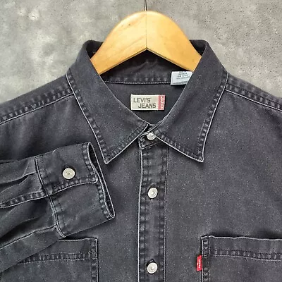 Levis Shirt Mens Large Black Denim Jean Metal Button Spread Collar Vintage • $34.87